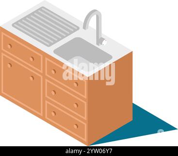 Modern kitchen sink cabinet featuring a built in drying rack, faucet, and multiple drawers is presented in an isometric view, providing a comprehensive perspective of its design and functionality Stock Vector