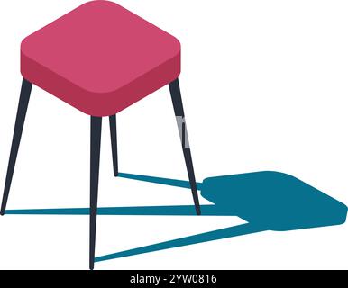 Pink stool featuring sleek black legs, casting a striking teal shadow against a crisp white background, highlighting a simple and modern furniture design perfect for minimalist interiors Stock Vector