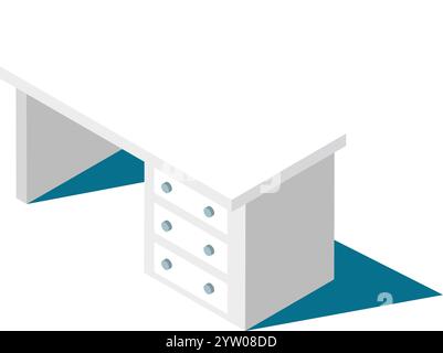 White desk with drawers casting a shadow on a blue floor, presented in an isometric view, ideal for illustrating modern office furniture and organized workspaces Stock Vector