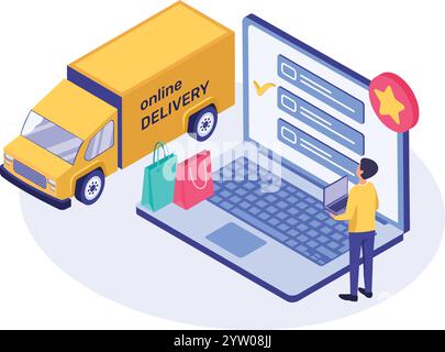 Yellow delivery truck, shopping bags and a giant laptop with checkboxes and a star represent the concept of online shopping and delivery in this isometric illustration Stock Vector