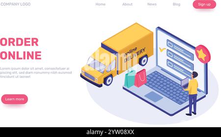 Isometric e commerce scene featuring a customer managing online delivery on a laptop with a checklist as a delivery truck approaches, highlighting efficient order fulfillment Stock Vector