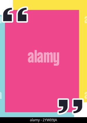 Vibrant and eye catching quote box featuring bold quotation marks, providing ample space for inspiring text or important messages on a dynamic pink, yellow, and cyan background Stock Vector
