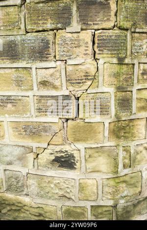 A diagonal crack across the corner of a stone wall Stock Photo