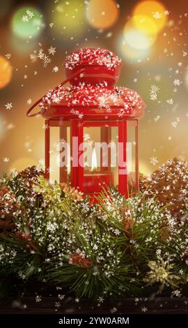 Vertical Christmas scene featuring a red lantern with a glowing flame on a tree, bokeh lights in the background, and falling snow, creating a romantic Stock Photo