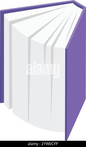 Open hardcover book featuring white pages and a vibrant purple cover, presented from an isometric angle, evoking themes of reading, knowledge, and information sharing Stock Vector