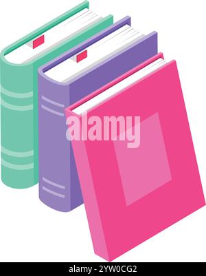 Three colorful books, featuring bookmarks, are arranged together, offering an isometric perspective that highlights their vibrant hues and organized presentation Stock Vector