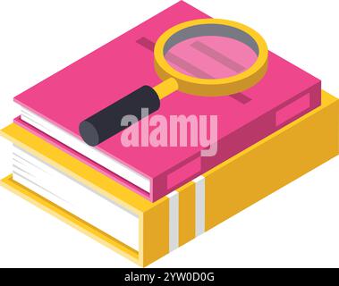 Magnifying glass is placed on two stacked books, symbolizing research, studying, and knowledge exploration in educational or academic settings Stock Vector
