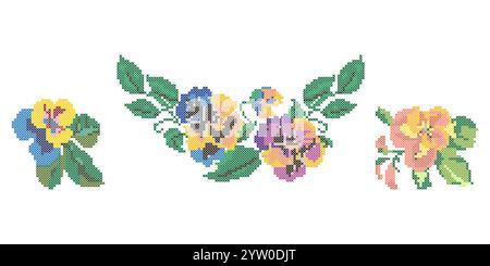 Cross Stitch Heartsease Flowers, Floral Embroidery Pattern Stock Vector