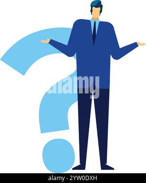 Businessman in a suit shrugging with a large question mark behind him, representing confusion, uncertainty, and the search for answers in business decision making Stock Vector