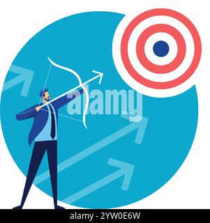 Businessman is aiming at target with bow and arrow, symbolizing achieving business goals, focus, strategy, and success in competitive environment with growth arrows in background Stock Vector