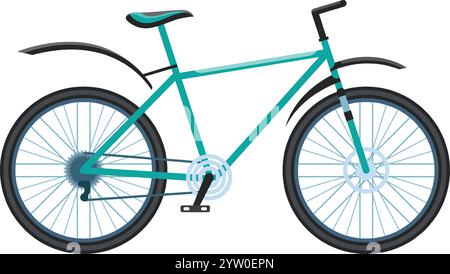 Light blue bicycle with mudguards, black tires, and visible gear shift mechanism resting on a white background, symbolizing active lifestyle and eco f Stock Vector