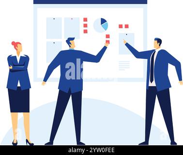 Business team analyzing financial charts and graphs showing company growth during a presentation meeting, discussing new marketing strategy and brainstorming new ideas Stock Vector