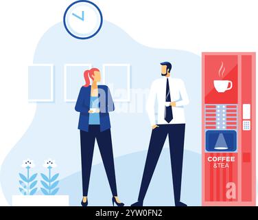 Office workers enjoying a coffee break, standing next to a vending machine, engaging in conversation and creating a positive workplace atmosphere Stock Vector