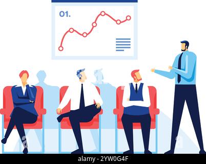 Business colleagues sitting on chairs having a business meeting, discussing a presentation about financial growth, explaining company strategy, brainstorming ideas and planning new investments Stock Vector