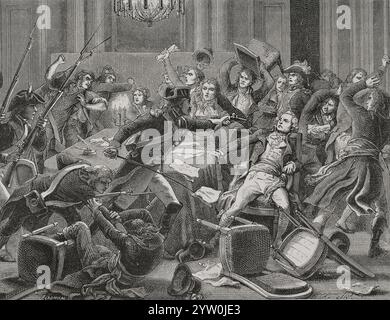 Maximilien Robespierre (1758-1794). French writer, lawyer and politician. Arrest of Robespierre and his followers gathered at the Hôtel-de-Ville in Paris on 9 Thermidor Year II (27 July 1794). Engraving by J. Ladmiral. History Stock Photo