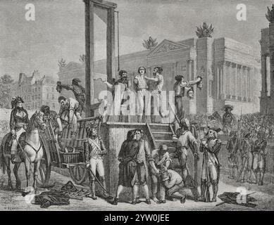 French Revolution. Public execution by guillotin of Maximilien Robespierre (1758-1794) and Louis Saint-Just (1767-1794) at the Place de la Revolution in Paris, on 10 Thermidor Year II (28 July 1794). Drawing by H. Renaud. Engraving by Jonnard. History Stock Photo