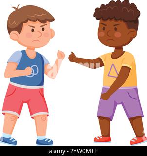 Two angry boys are fighting, quarreling and arguing, showing fists to each other, childish conflict and aggression, bad behavior, kids rivalry and misunderstanding, problem in communication Stock Vector