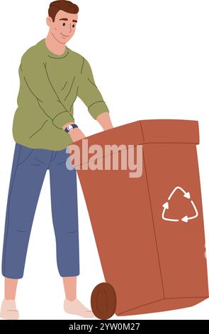 Young man pushing a large recycling bin on wheels, actively participating in waste management and promoting environmental awareness through responsible recycling practices Stock Vector