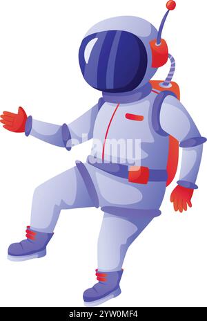 Astronaut in a vibrant spacesuit and helmet, complete with an antenna, is floating in the vastness of space while making an expressive gesture with a hand Stock Vector