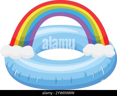 Vibrant illustration of a blue inflatable ring featuring a colorful rainbow arching over it, with fluffy white clouds at each end, creating a cheerful summery scene against a clean white backdrop Stock Vector
