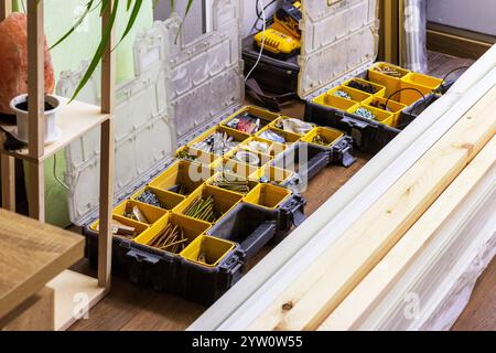 Various carpentry tools, consumables and fixtures. Stock Photo