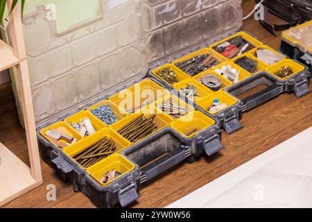 Various carpentry tools, consumables and fixtures. Stock Photo