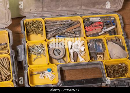 Various carpentry tools, consumables and fixtures. Stock Photo