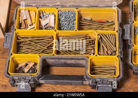 Various carpentry tools, consumables and fixtures. Stock Photo