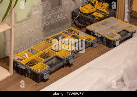 Various carpentry tools, consumables and fixtures. Stock Photo