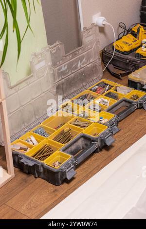 Various carpentry tools, consumables and fixtures. Stock Photo