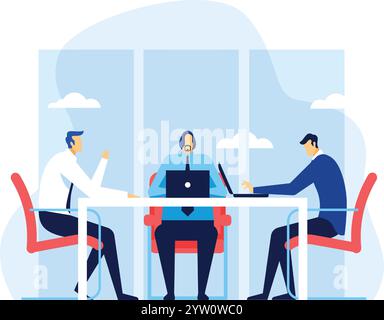 Office workers using laptops and discussing projects at meeting table, collaborating on business tasks, brainstorming ideas, and working together in modern office space Stock Vector