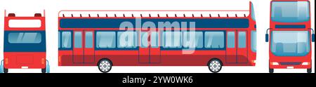 Red double decker bus isolated on a white background, displaying front, back, and side views, ideal for projects related to transportation, travel, and urban exploration Stock Vector