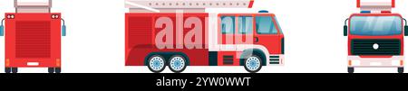 Red firetruck with extendable ladder in three different positions, front, side, and rear view, isolated on a white background, useful for illustrating emergency services Stock Vector