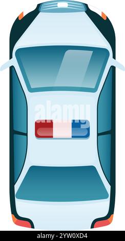Top view illustration of a police car with flashing lights, showcasing its aerodynamic design and emergency signaling system against a clean white backdrop Stock Vector