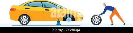 Mechanic changing a tire on a lifted yellow car, highlighting essential car maintenance and repair concepts in an automotive garage setting Stock Vector