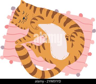 Cute ginger tabby cat sleeping peacefully on a pink cushion, enjoying a relaxing nap, curled up and cozy, creating a heartwarming scene of feline contentment Stock Vector