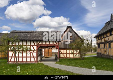 A charming rural scene featuring traditional half-timbered houses with thatched roofs, surrounded by greenery and set under a bright blue sky Stock Photo