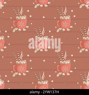Christmas Seamless pattern with Festive red cup with Hot Cocoa with Marshmallows on Mocha Mousse brown background with stars. New Year backdrop. Vecto Stock Vector