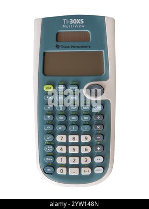 Texas Instruments TI-30XS MultiView Calculator with 4-line display, isolated on white. Copenhagem, Denmark - December 4, 2024. Stock Photo