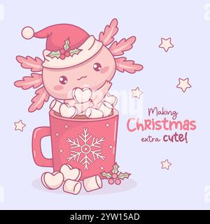 Cute Christmas Axolotl in red cup Hot Cocoa with Marshmallows. Little festive cartoon pink kawaii character in Santa hat. Vector illustration. New Yea Stock Vector