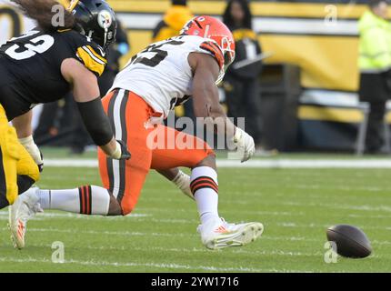 Cleveland Browns defensive end Myles Garrett (95) recovers the Pittsburgh Steelers fumble in the fourth quarter of the Steelers 27-14 win at Acrisure Stadium on Sunday, December 8, 2024 in Pittsburgh. Photo by Archie Carpenter/UPI Stock Photo