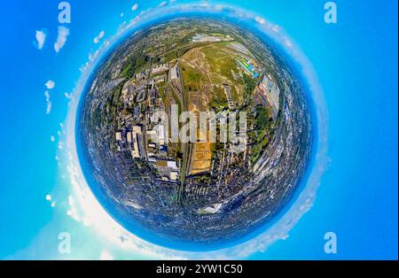 Aerial view, industrial area Westfalenhütte Hoesch Areal, earth globe, fisheye image, 360 degree image, tiny world, little planet, fisheye image, West Stock Photo