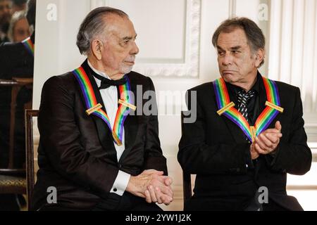 Washington, United States. 08th Dec, 2024. Filmmaker Francis Ford Coppola (left) and Mickey Hart (right) of the Grateful Dead during a reception for the 47th Kennedy Center Honorees in the East Room of the White House on December 8, 2024 in Washington, DC The honorees this year include filmmaker Francis Ford Coppola, members of the Grateful Dead, country musician Bonnie Raitt, musician Arturo Sandoval, and The Apollo theater organization. (Photo by Samuel Corum/Sipa USA) Credit: Sipa USA/Alamy Live News Stock Photo