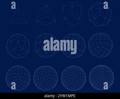 Grid spheres. 3D globes with abstract net or wireframe for chemical or biology, infographic, round particles structure concept. Vector set connect in Stock Vector