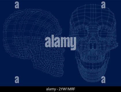 Blue skull with line on abstract background. Wireframe space low poly guard with lines. Connection structure. Vector background. Front, side view. 3D Stock Vector