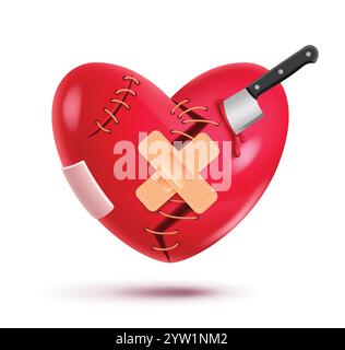 Heart broken red icon clipart. Broken heart 3d clip art with stitches, knife, cut, blood and bandage for relationship separation symbol. Vector Stock Vector