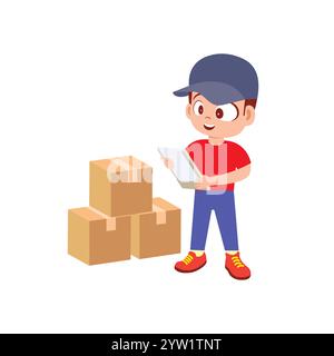 A cheerful boy wearing a blue cap and red outfit while standing next to three stacked cardboard boxes, appearing focused and engaged. Stock Vector