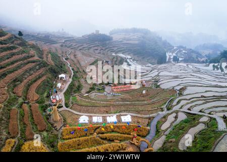 Lishui,China.7th December 2024. Aerial photo taken on December 7, 2024 shows the Yunhe Terrace in Yunhe County, Lishui City, east China’s Zhejiang Province. Credit: Zhang Xiangyi/China News Service/Alamy Live News Stock Photo