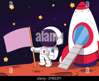A vector illustration of Astronaut and Rocket Ship in Outer Space Stock Vector