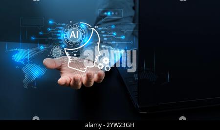 Human interact with AI artificial intelligence virtual assistant chatbot in concept of AI artificial intelligence prompt engineering, LLM AI deep lear Stock Photo